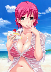 Rule 34 | 00s, 1girl, absurdres, bikini, bikini under clothes, breasts, cake, cake slice, cleavage, collarbone, cream, day, doily, fingernails, food, fruit, green eyes, happoubi jin, highres, iihara nao, large breasts, licking, licking finger, lips, navel, outdoors, pastry, pink hair, resort boin, scan, see-through, shirt, short hair, sleeves pushed up, solo, strawberry, sweat, swimsuit, swimsuit under clothes, tongue, unbuttoned, upper body, wet, wet clothes