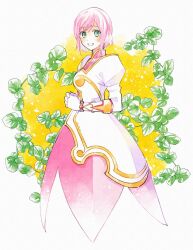 Rule 34 | 1girl, blush, bracelet, breasts, commentary, cropped torso, dot nose, dress, enoki kino, estellise sidos heurassein, gloves, green eyes, highres, jewelry, juliet sleeves, long sleeves, looking at viewer, own hands clasped, own hands together, pink hair, pink skirt, plant, puffy sleeves, short hair, simple background, skirt, small breasts, smile, solo, tales of (series), tales of vesperia, vines, white background, white dress, white gloves, yellow background