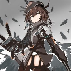 Rule 34 | 1girl, ahoge, albacrow ill, arknights, beret, black gloves, black hat, brown hair, brown thighhighs, cloak, closed mouth, commentary request, cowboy shot, garter straps, gloves, hair between eyes, hat, highres, holding, holding weapon, infection monitor (arknights), long sleeves, looking at viewer, medium hair, multicolored hair, orange eyes, plume (arknights), smile, solo, thighhighs, thighs, two-tone hair, weapon, white hair