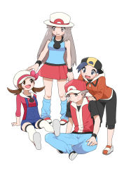 Rule 34 | 2boys, 2girls, :d, bad id, bad pixiv id, baseball cap, black headwear, black pants, black wristband, blue overalls, blue shirt, blue socks, bow, brown eyes, brown hair, bucket hat, cabbie hat, capri pants, commentary request, creatures (company), ethan (pokemon), game freak, hair flaps, hat, hat bow, jacket, knees, leaf (pokemon), long hair, long sleeves, loose socks, lyra (pokemon), multiple boys, multiple girls, nintendo, open mouth, overalls, pants, pleated skirt, pokemon, pokemon frlg, pokemon hgss, pumpkinpan, red (pokemon), red bow, red headwear, red shirt, red skirt, shirt, shoes, short hair, skirt, sleeveless, sleeveless shirt, smile, socks, standing, thighhighs, tongue, twintails, white footwear, white headwear, white legwear, wristband, zipper pull tab
