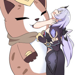 Rule 34 | 2girls, animal costume, black dress, black gloves, blue hair, can (honkai impact), cat costume, closed eyes, cosplay, dress, elbow gloves, gloves, hair ornament, herrscher of corruption, honkai (series), honkai impact 3rd, kigurumi, long hair, multiple girls, open mouth, pardofelis (honkai impact), photo-referenced, pointy ears, ritore, simple background, standing, strangling, white background