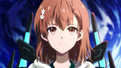 Rule 34 | 1girl, anti-art attachment, blue background, brown eyes, brown hair, closed mouth, commentary, english commentary, flower, fog (erpr3844), hair flower, hair ornament, highres, looking at viewer, medium hair, misaka mikoto, science fiction, serious, solo, split mouth, straight-on, toaru majutsu no index, toaru majutsu no index: new testament, upper body