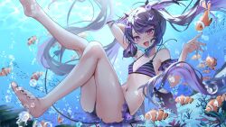 1girl absurdres ahoge bare_shoulders bikini black_hair blush breasts commission demon_wings eyeball_hair_ornament feet highres idol_corp long_hair looking_at_viewer multicolored_hair murumuru_(pixiv51689952) navel open_mouth purple_eyes purple_hair roca_rourin_(vtuber) second-party_source skeb_commission solo swimsuit twintails virtual_youtuber wings