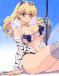 Rule 34 | 1girl, armor, bare shoulders, bikini armor, blonde hair, blue eyes, bra, breasts, curvy, detached sleeves, earrings, elina (queen&#039;s blade), female focus, gauntlets, hair ornament, highleg, jewelry, kihaiu, large breasts, long hair, navel, necklace, open clothes, queen&#039;s blade, sitting, sky, solo, thighhighs, thighs, underwear