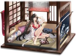 Rule 34 | 1girl, ark order, artist request, bare legs, black hair, blouse, bottle, bow, breasts, choko (cup), cup, elbow rest, full body, grey bow, grey sash, hair over one eye, highres, japanese clothes, katana, kimono, large breasts, long hair, long sleeves, official art, ookuninushi (ark order), parted lips, red eyes, red kimono, sake bottle, see-through, see-through shirt, sheath, sheathed, shirt, short kimono, sideboob, sidelocks, sitting, sleeve cuffs, sleeveless, sleeveless kimono, solo, sword, tachi-e, tatami, transparent background, very long hair, weapon, white shirt, window, wooden wall