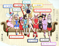 Rule 34 | 6+girls, animal ears, aotaro, ascot, blonde hair, blue eyes, blue hair, blue theme, blush, braid, brown eyes, character name, cirno, cirno (cosplay), cosplay, costume switch, couch, crossed legs, detached sleeves, closed eyes, finger to mouth, flandre scarlet, flandre scarlet (cosplay), flying, geta, grey hair, hair ornament, hair rings, hair stick, hair tubes, hakurei reimu, hakurei reimu (cosplay), hat, hat ribbon, highres, holding, holding another&#039;s arm, ice, ice wings, inubashiri momiji, inubashiri momiji (cosplay), izayoi sakuya, izayoi sakuya (cosplay), kaku seiga, kaku seiga (cosplay), kirisame marisa, kirisame marisa (cosplay), light purple hair, long sleeves, mop, multiple girls, open mouth, patchouli knowledge, patchouli knowledge (cosplay), pom pom (clothes), purple eyes, red eyes, remilia scarlet, remilia scarlet (cosplay), ribbon, scroll, shameimaru aya, shameimaru aya (cosplay), shoes, short hair, short sleeves, side ponytail, sitting, skirt, skirt set, smile, tokin hat, touhou, twin braids, vest, wings, witch hat, wolf ears
