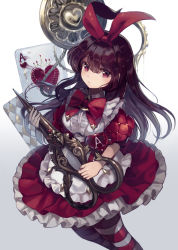 Rule 34 | 1girl, ace (playing card), ace of hearts, alice (alice in wonderland), alice in wonderland, blush, bow, brown hair, card, dress, frilled dress, frills, gears, gem, gradient background, grey background, grey thighhighs, hair between eyes, hair bow, heart, holding, holding scissors, hyatsu, long hair, looking at viewer, melting, oversized object, parted lips, playing card, red bow, red dress, red eyes, red gemstone, red thighhighs, roman numeral, rope, scissors, solo, thighhighs