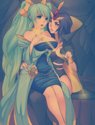 Rule 34 | 2girls, 5-ish, absurdres, black hair, black legwear, blue dress, blue eyes, blue hair, blush, breasts, cape, chain, cleavage, dress, leblanc (league of legends), glowing, highres, large breasts, league of legends, long hair, long sleeves, low neckline, multiple girls, open mouth, short hair, sitting, sitting on lap, sitting on person, smile, sona (league of legends), thighhighs, twintails, yellow eyes, yuri