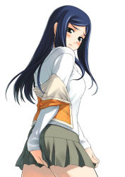Rule 34 | 00s, 1girl, blouse, blue hair, blush, covering ass, covering privates, embarrassed, kuga natsuki, long hair, looking back, my-hime, school uniform, serafuku, shirt, simple background, skirt, solo, standing, tanaka shoutarou, white background, white shirt