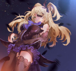 Rule 34 | 1girl, bare shoulders, bat ornament, black ribbon, blonde hair, blush, bodystocking, bodystocking, bow, bowtie, breasts, bridal gauntlets, brown sleeves, collar, eyepatch, falling feathers, feathers, fischl (genshin impact), garter straps, genshin impact, gloves, green eyes, hair over one eye, hair ribbon, highres, leotard, long hair, looking at viewer, medium breasts, moonlight, night, open mouth, purple bow, purple bowtie, purple ribbon, ribbon, shuru y, single bridal gauntlet, single glove, single leg pantyhose, single sleeve, single thighhigh, sky, solo, star (sky), starry sky, tailcoat, thighhighs, two side up