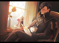 Rule 34 | 1boy, black jacket, black pants, cape, chair, cheekbones, closed mouth, coffee cup, crossed legs, cup, disposable cup, fire emblem, fire emblem: three houses, flower, gloves, gravesecrets, grey eyes, highres, holding, holding cup, holding letter, hubert von vestra, indoors, jacket, letter, male focus, mature male, nintendo, pants, reading, rose, short hair, solo, steam, white gloves, window, yellow flower, yellow rose