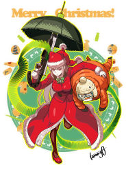 Rule 34 | 2girls, ammunition, ammunition belt, artist name, beanie, brown hair, carrying, carrying under arm, christmas ornaments, christmas tree, comic, commentary request, cookie, fate/grand order, fate (series), florence nightingale (fate), florence nightingale (santa) (fate), food, fur trim, gloves, goggles, hat, high heels, highres, holding, holding umbrella, jester cap, lifting person, long coat, long hair, mask, merry christmas, mouth mask, multiple girls, open mouth, osakabehime (fate), osakabehime (swimsuit archer) (fate), pantyhose, parka, pink hair, red eyes, reindeer, santa hat, ski goggles, surgical mask, tamago (yotsumi works), translation request, umbrella, umbrella gun