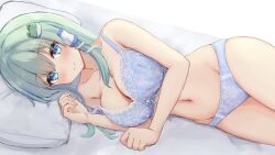 Rule 34 | bed, blue bra, blue eyes, blue panties, blush, bow, bow panties, bra, breasts, cleavage, commentary request, forneus 0, frog hair ornament, green hair, hair ornament, hair tubes, highres, kochiya sanae, large breasts, long hair, lying, navel, on side, panties, pillow, smile, snake hair ornament, stomach, strap slip, thighs, touhou, underwear