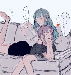 Rule 34 | ..., 2girls, anger vein, bang dream!, bang dream! it&#039;s mygo!!!!!, barefoot, black ribbon, black skirt, blue hair, cellphone, closed eyes, commentary, couch, grey shirt, hair ribbon, highres, holding, holding phone, long hair, lying on lap, moyo (moyo 4), multiple girls, off-shoulder shirt, off shoulder, on couch, open mouth, parted lips, phone, ribbon, shirt, sitting, skirt, smartphone, speech bubble, spoken anger vein, spoken ellipsis, togawa sakiko, two side up, yellow eyes, yuutenji nyamu