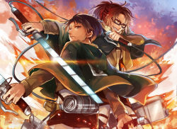 Rule 34 | 1boy, 1girl, brown eyes, brown hair, capelet, day, dual wielding, glasses, grin, hange zoe, holding, holding sword, holding weapon, levi (shingeki no kyojin), military, military uniform, outdoors, ponytail, shingeki no kyojin, short hair, sketch, smile, sword, three-dimensional maneuver gear, uniform, weapon, yorukage