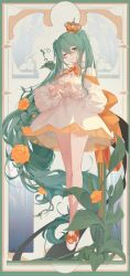 Rule 34 | 1girl, aryarwr, back bow, bare legs, bow, breasts, brooch, bud, cleavage, cleavage cutout, clothing cutout, crown, dress, flower, footwear ribbon, framed, frilled sleeves, frills, full body, gem, green eyes, green gemstone, green hair, green theme, hair between eyes, hatsune miku, head tilt, heart, heart hands, high collar, highres, jewelry, leaf, legs together, limited palette, long hair, long sleeves, looking at viewer, medium breasts, mini crown, neck ribbon, one eye closed, orange bow, orange flower, orange ribbon, orange rose, orange theme, own hands together, plant, puffy long sleeves, puffy sleeves, ribbon, rose, shoes, short dress, smile, solo, star brooch, thorns, twintails, very long hair, vines, vocaloid, white dress, white footwear