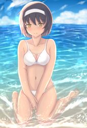 Rule 34 | 10s, 1girl, alternate hair length, alternate hairstyle, bad id, bad pixiv id, bare arms, bare shoulders, barefoot, between legs, bikini, black hair, blue sky, blush, breasts, brown eyes, cleavage, cloud, collarbone, day, girls und panzer, hairband, hand between legs, highres, huniend, lens flare, medium breasts, navel, ocean, outdoors, partially submerged, reizei mako, short hair, sitting, skindentation, sky, solo, swimsuit, thighs, wariza, water, wet, white bikini, white hairband