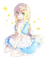 Rule 34 | 1girl, alice zuberg, apron, blonde hair, blue dress, blue eyes, bow, braid, braided ponytail, dress, frilled apron, frilled dress, frills, full body, hair bow, long hair, looking at viewer, medium dress, noro (ro no), open mouth, puffy short sleeves, puffy sleeves, short sleeves, sidelocks, single braid, sitting, smile, solo, sword art online, sword art online: alicization, v arms, wariza, white apron, white background, white bow, white hair, aged down