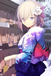 Rule 34 | 1girl, alternate costume, artist name, bad id, bad pixiv id, commentary request, fate/grand order, fate (series), floral print, flower, hair flower, hair ornament, japanese clothes, kimono, looking at viewer, magicians (zhkahogigzkh), mash kyrielight, multicolored clothes, multicolored kimono, purple eyes, purple hair, sash, short hair, smile, solo, wide sleeves