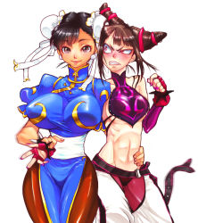 Rule 34 | 2girls, abs, angry, bad id, bad pixiv id, black hair, blush, bracelet, breasts, brown hair, bun cover, capcom, china dress, chinese clothes, chun-li, clenched teeth, curvy, double bun, dress, drill hair, female focus, fingerless gloves, gloves, hair bun, halterneck, han juri, hand on another&#039;s stomach, hand on another&#039;s thigh, hand on own hip, jewelry, large breasts, linea alba, looking at another, looking at viewer, looking to the side, midriff, multiple girls, navel, pantyhose, pelvic curtain, ribs, sanpaku, sash, short hair, simple background, smile, spiked bracelet, spikes, standing, street fighter, street fighter iv (series), tareme, teeth, toned female, toned stomach, torimeiro, twin drills, twintails, underboob, white background