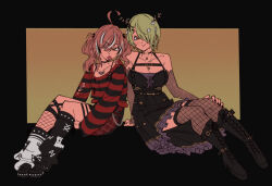 Rule 34 | 2girls, ahoge, antler ribbon, antlers, belt chain, black sweater, breasts, brown eyes, brown hair, ceres fauna, ceres fauna (goth), choker, detached sleeves, emo fashion, fishnets, flower, frilled skirt, frills, goth fashion, gutalalaman, hair flower, hair ornament, hair over one eye, harness, heart, heart choker, highres, hololive, hololive english, horns, lace sleeves, large breasts, looking at viewer, multicolored hair, multiple girls, nanashi mumei, nanashi mumei (emo), o-ring, o-ring harness, official alternate costume, official alternate hairstyle, purple undershirt, red sweater, short hair, simple background, skirt, streaked hair, striped clothes, striped sweater, sweater, tongue, tongue out, torn clothes, torn sweater, two-tone sweater, virtual youtuber, yellow eyes