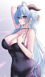 Rule 34 | 1girl, absurdres, ahoge, arm behind back, bare shoulders, black dress, blue hair, breasts, cleavage, collarbone, covered navel, dress, ganyu (genshin impact), genshin impact, highres, horns, large breasts, light smile, long hair, looking at viewer, nemuaki, purple eyes, sidelocks, solo, tight clothes, tight dress