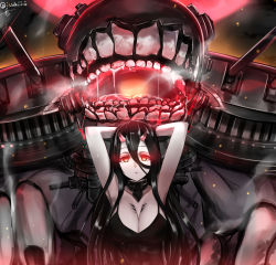 Rule 34 | 10s, 1girl, abyssal ship, arms up, battleship princess, black dress, breasts, cleavage, dress, ffmania7, glowing, glowing eyes, horns, isshiki (ffmania7), kantai collection, large breasts, monster, red eyes, skin-covered horns, sleeveless, sleeveless dress, spaghetti strap