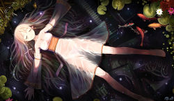 Rule 34 | 1girl, afloat, bail, barefoot, blonde hair, carp, cello, detached sleeves, dress, earrings, closed eyes, female focus, fish, floating, flower, french horn, from above, goldfish, instrument, jewelry, koi, legs, light smile, lily pad, long hair, lying, on back, original, outstretched arms, phonograph, piano, pointy ears, pond, see-through, solo, spread arms, underwater, violin, water, white dress, xylophone