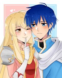 Rule 34 | 1boy, 1girl, artist name, asukaaasuu, blonde hair, blue coat, blue eyes, blue hair, blush, brown eyes, cape, coat, commentary, couple, english commentary, finger to mouth, finn (fire emblem), fire emblem, fire emblem: genealogy of the holy war, highres, lachesis (fire emblem), nintendo, one eye closed, smile, sweatdrop, white cape, yellow cape