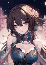 Rule 34 | 1girl, aqua dress, aqua eyes, bare shoulders, bead necklace, beads, black hair, blush, breasts, brooch, cleavage, clothing cutout, commentary, dress, helloimtea, highres, honkai: star rail, honkai (series), jewelry, large breasts, long hair, looking at viewer, necklace, ruan mei (honkai: star rail), shoulder cutout, solo, upper body