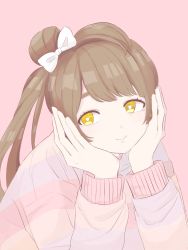 Rule 34 | 1girl, artist name, artist request, blush, bow, breasts, brown eyes, brown hair, close-up, female focus, fur-trimmed sweater, fur trim, grey hair, hair bow, hair rings, hand on own cheek, hand on own face, highres, light brown hair, long hair, long sleeves, looking at viewer, love live!, love live! school idol festival, love live! school idol project, minami kotori, parted lips, pink background, ponytail, side ponytail, smile, solo, striped clothes, striped sweater, sweater, upper body, white bow, yellow eyes