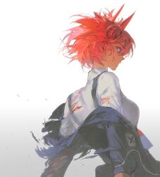 Rule 34 | 1girl, animal ears, arknights, bird ears, black jacket, blood, breasts, collared shirt, cuts, fiammetta (arknights), highres, injury, jacket, looking at viewer, open clothes, open jacket, red eyes, red hair, shirt, short hair, simple background, solo, torn clothes, torn jacket, torn shirt, white shirt, wixcuwi