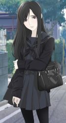 Rule 34 | 1girl, bag, black hair, black pantyhose, brown eyes, character request, closed mouth, highres, house, long hair, looking at viewer, nori (norimakigumo), pantyhose, pleated skirt, school uniform, skirt, solo, tree