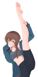 Rule 34 | 1girl, :3, absurdres, amane suzuha, bare legs, barefoot, bike shorts, black shorts, blush, braid, brown hair, closed mouth, feet, flexible, green eyes, hair between eyes, highres, jacket, kahlua (artist), leg lift, leg up, long hair, looking at viewer, messy hair, midriff, navel, shorts, simple background, sleeves past wrists, smile, soles, solo, split, sports bra, sportswear, standing, standing on one leg, standing split, steins;gate, toes, track jacket, twin braids, white background