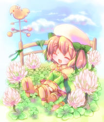 Rule 34 | 1girl, :d, bad id, bad pixiv id, blue sky, blush, boots, bow, brown footwear, closed eyes, clover, commentary request, day, dress, fence, flower, full body, green bow, green dress, hair bow, hizukiryou, open mouth, original, outdoors, pink hair, sitting, sky, smile, solo, weather vane, white flower, |d