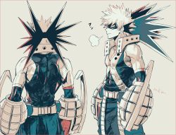 Rule 34 | 1boy, abs, back, bakugou katsuki, beige background, blonde hair, boku no hero academia, commentary request, explosive, grenade, male focus, masked, mkm (mkm storage), multiple views, pectorals, profile, red eyes, signature, simple background, spiked hair, toned, toned male
