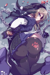 Rule 34 | 1girl, absurdres, all fours, animal ears, arknights, arms behind back, ass, ass focus, ball and chain (weapon), belt, black belt, black gloves, black pantyhose, blue footwear, blue shirt, blue skirt, boots, bound, bound wrists, breasts, chain, chinese commentary, closed mouth, cow ears, cow horns, flower, flower on head, from above, from behind, full body, gloves, green eyes, highres, horns, imazawa, knees together feet apart, light brown hair, long hair, looking at viewer, looking back, miniskirt, pallas (arknights), pantyhose, paw print, petals, pleated skirt, restrained, shirt, sidelocks, skirt, small breasts, solo, sweatdrop, thighband pantyhose, top-down bottom-up, undershirt, veil, white shirt