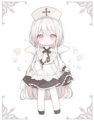 Rule 34 | 1girl, black footwear, blush, braid, chibi, commentary, dress, floral background, full body, lolita fashion, long hair, long sleeves, looking at viewer, mattang, mini wings, original, pantyhose, parted lips, pleated dress, puffy long sleeves, puffy sleeves, red eyes, silver hair, skirt hold, sleeves past wrists, solo, standing, symbol-only commentary, very long hair, white background, white dress, white headwear, white pantyhose, white wings, wings