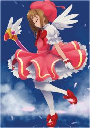 Rule 34 | 1girl, bow, bowtie, brown hair, cardcaptor sakura, closed eyes, dress, eyebrows, from side, full body, fuuin no tsue, gloves, hat, holding, holding wand, kinomoto sakura, leg up, liezl ronquillo, long hair, magical girl, pantyhose, petals, pink dress, pink hat, puffy short sleeves, puffy sleeves, red bow, red bowtie, red footwear, ripples, shoes, short sleeves, solo, standing, standing on liquid, standing on one leg, tiptoes, wand, white bow, white gloves, white pantyhose, white wings, wings