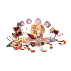 Rule 34 | 1girl, animal ears, bandeau, bare shoulders, bird, blonde hair, boots, breasts, chibi, drum, earrings, granblue fantasy, hair ornament, harvin, instrument, jewelry, knee boots, long hair, looking at viewer, mahira (granblue fantasy), minaba hideo, official art, red eyes, simple background, sitting, small breasts, thighhighs, transparent background, wide sleeves