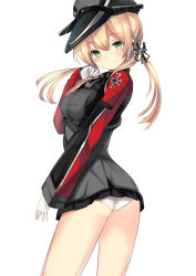 Rule 34 | 10s, 1girl, absurdres, anchor hair ornament, ass, blonde hair, blush, cross, gloves, green eyes, hair ornament, hat, highres, iron cross, kantai collection, long hair, looking at viewer, microskirt, military, military uniform, panties, peaked cap, prinz eugen (kancolle), simple background, skirt, smile, solo, twintails, underwear, uniform, white background, white gloves, white panties, yoshizawa tsubaki