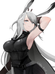 Rule 34 | 1girl, absurdres, adson-(biao di), animal ears, arknights, arm up, armpits, black shirt, blouse, breasts, grey eyes, grey hair, highres, large breasts, long hair, mole, rabbit ears, savage (arknights), shirt, simple background, sleeveless, sleeveless shirt, solo, two side up, very long hair, white background