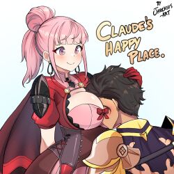 Rule 34 | 1boy, 1girl, between breasts, blush, breast smother, breasts, brown hair, claude von riegan, dark-skinned male, dark skin, face between breasts, face to breasts, fire emblem, fire emblem: three houses, fire emblem warriors: three hopes, gloves, hand on another&#039;s head, head between breasts, headpat, hetero, highres, hilda valentine goneril, jarckius, long hair, nintendo, official alternate costume, official alternate hairstyle, open mouth, pink eyes, pink hair, short hair, smile