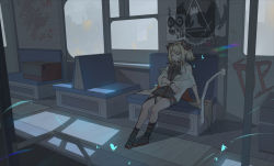 Rule 34 | 1girl, absurdres, arknights, beige jacket, bench, black choker, black dress, black horns, black socks, blonde hair, bug, butterfly, choker, closed eyes, closed mouth, commentary request, dress, highres, horns, ifrit (arknights), insect, jacket, medium hair, night, open clothes, open jacket, qingfeng canying, rhine lab logo, rhodes island logo (arknights), sandals, short dress, short sleeves, short twintails, sitting, sleeping, socks, solo, striped clothes, striped dress, thigh strap, train interior, twintails, wide shot