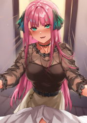 Rule 34 | &gt;:), :d, belt, blunt bangs, blush, breasts, brown shirt, butterfly hair ornament, camisole, choker, cleavage, collarbone, earrings, embarrassed, go-toubun no hanayome, green eyes, hair ornament, highres, hime cut, inue ao, jewelry, kabedon, large breasts, light rays, long hair, looking at viewer, nakano nino, open mouth, pink hair, pov, see-through, shirt, sidelocks, skirt, smile, twintails, v-shaped eyebrows, white shirt