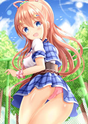 Rule 34 | 1girl, ass, blue skirt, blue sky, blush, breasts, brown hair, chain-link fence, cloud, commentary request, day, fence, from behind, hair between eyes, hair ornament, hairclip, high ponytail, highres, large breasts, long hair, looking at viewer, looking back, open mouth, original, outdoors, panties, pink panties, pleated skirt, ponytail, shirt, short sleeves, skirt, sky, solo, star (symbol), star hair ornament, sun, tree, underwear, very long hair, white shirt, wrist cuffs, xenon (for achieve)