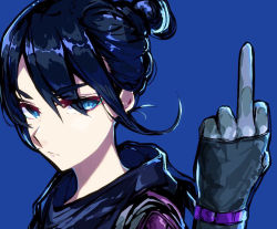1girl, apex legends, black gloves, black hair, black scarf, blue background, bodysuit, expressionless, eyebrows visible through hair, floating hair, gloves, hair behind ear, hair bun, middle finger, nitogebeto, scarf, solo, upper body, v-shaped eyebrows, wraith (apex legends)