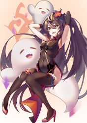 Rule 34 | 1girl, absurdres, armpits, arms up, bare shoulders, black leotard, black thighhighs, breasts, commentary request, covered navel, flower, frilled straps, full body, garter straps, genshin impact, ghost, hair between eyes, hair flower, hair ornament, high heels, highres, hu tao (genshin impact), knees together feet apart, leotard, long hair, looking at viewer, multicolored eyes, red footwear, side-tie legwear, sitting, small breasts, solo, stomach, teeth, thigh strap, thighhighs, thighs, twintails, upper teeth only, very long hair, zhileng zhil