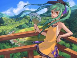 Rule 34 | 1girl, :o, arm support, armpits, bare shoulders, dress, face, field, flat chest, green hair, hair ribbon, hand fan, landscape, leaning back, long hair, nature, orange eyes, original, paper fan, ponytail, railing, ribbon, scenery, solo, sumith, sundress, tan, tanline, uchiwa, wind
