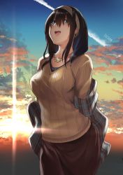 Rule 34 | 10s, 1girl, :d, black hair, blue eyes, breasts, cloud, cloudy sky, commentary request, contrail, hairband, idolmaster, idolmaster cinderella girls, jewelry, long hair, medium breasts, murasame nohito, necklace, open mouth, ribbed sweater, sagisawa fumika, shawl, skirt, sky, smile, solo, sunset, sweater